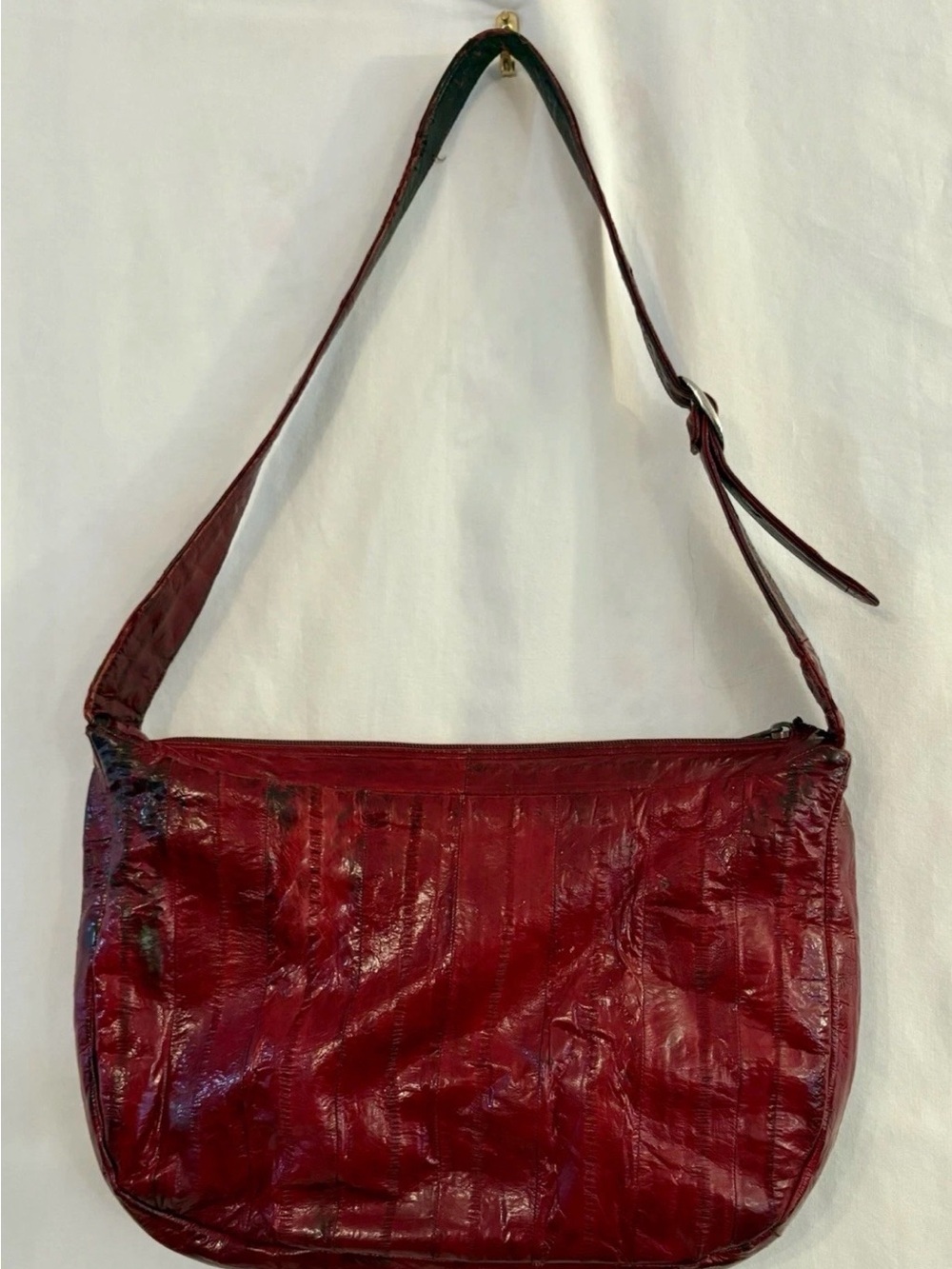 Vintage Red/Burgundy Genuine Eel Leather Handbag Shoulder Bag With Buckle